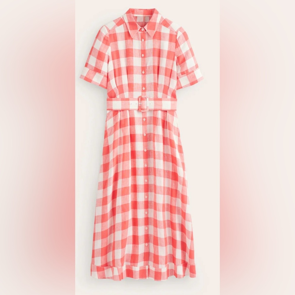 Boden Louise Linen Midi Shirt Dress in Pink/Coral Gingham
